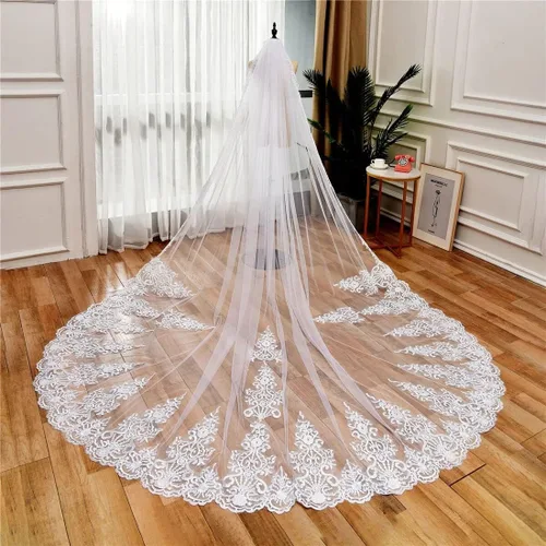 Miniatura 2 de Zhangyo Velo de novia de tul suave con peine de encaje largo velo catedral nupcial 9.8 ft gota velo pelo peine para novias CXL062