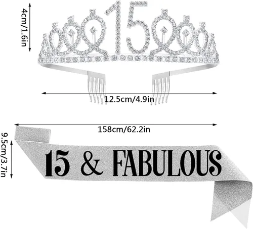 Miniatura 2 de Juego de banda y tiara de cumpleaños de 15 años, banda y corona de cumpleaños de 15 años, regalos de feliz cumpleaños 15 para suministros