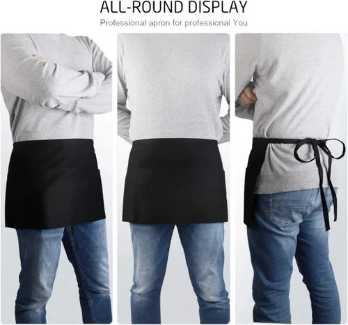 Miniatura 6 de TopTie Delantal de cintura para camarera con impresión personalizada con 3 bolsillos, mitad delantal de cocina de restaurante Negro