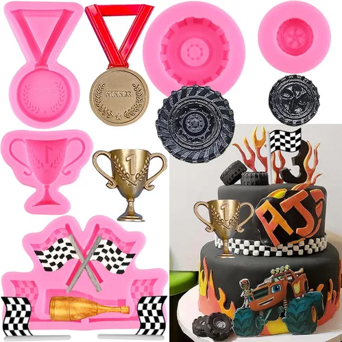 ZiXiang Moldes de silicona para autos de carreras, molde redondo 3D para fondant, molde de rueda de camión, molde de silicona para medallas, Estilo