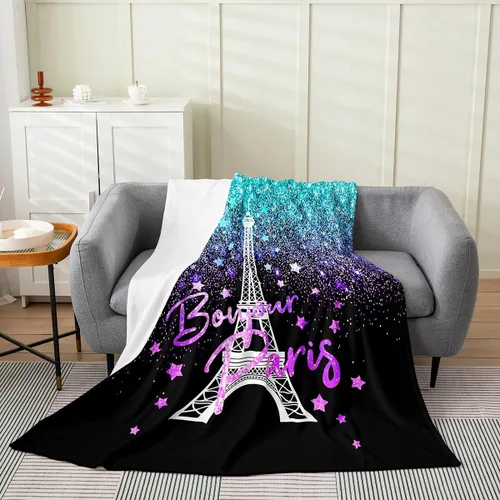 Feelyou Manta de felpa de la Torre Eiffel con purpurina, color azul, morado, pastel, para todas las estaciones, manta de cama para niños, manta de