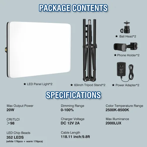 Miniatura 6 de Kit de luz de video LED de 2 unidades con soporte de trípode de 160 cm, luz de estudio regulable de 2500K-8500K para fotografía, iluminación