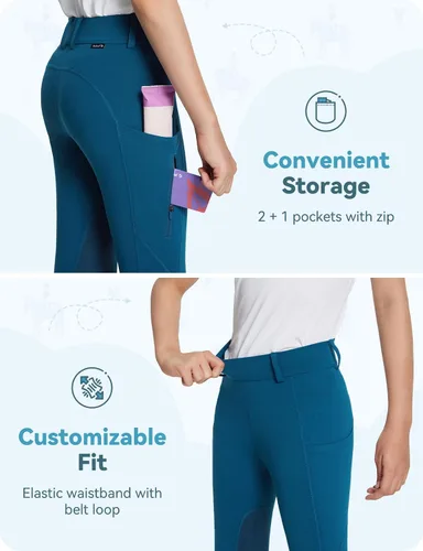 Miniatura 48 de baleaf Pantalones de equitación para niñas, pantalones ecuestres para niños, con parche en la rodilla, bolsillo con cremallera