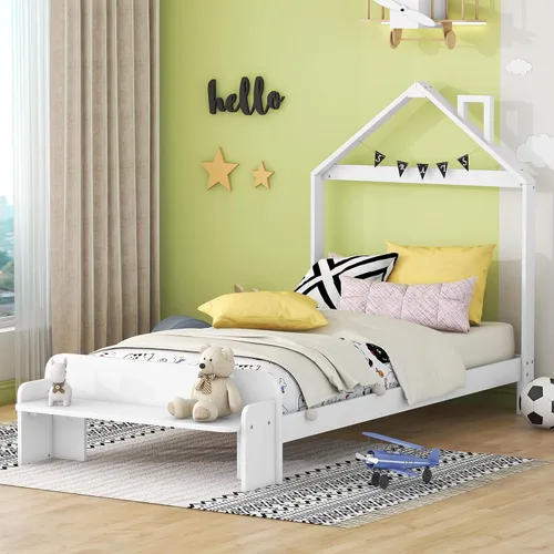 Miniatura 11 de Cama de plataforma de madera de tamaño individual con cabecero y cercas en forma de casa, sin tablillas, cama de piso para dormitorio de niños Verde