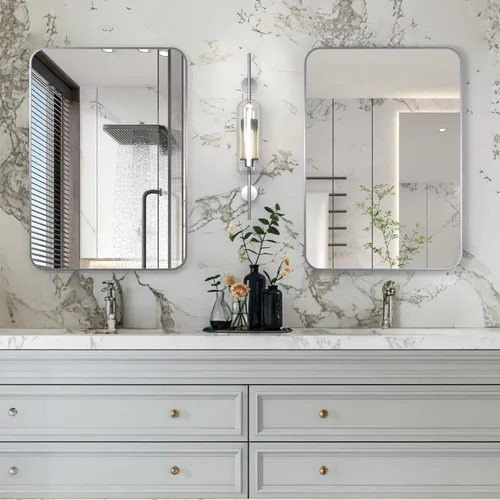 Miniatura 5 de Manocorro - Espejo de baño de esquina redonda, 20 x 28 pulgadas, color plateado Lightweight,wall mounted,HD tempered glass,sturdy aluminum