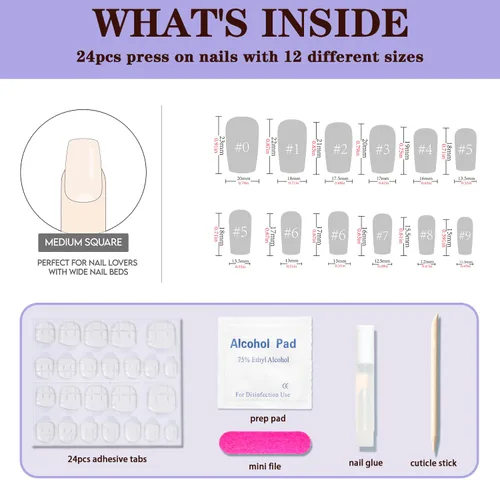 Miniatura 5 de Uñas postizas a presión extra cortas de color rojo cereza, uñas postizas cuadradas medianas, kit de pegamento reutilizable con pestañas adhesivas