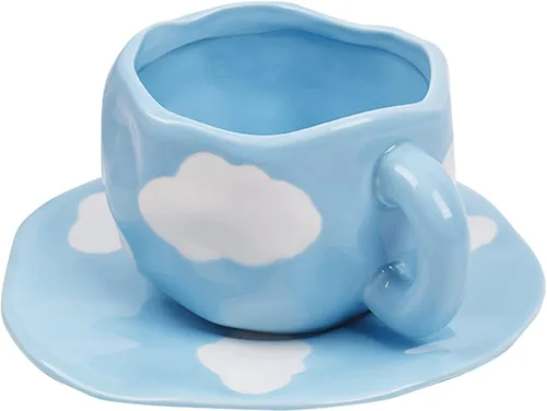 Koythin - Juego de taza de café de cerámica con platillo, linda taza de café con nubes y taza para oficina y hogar, tazas de cielo azul y nubes Azul