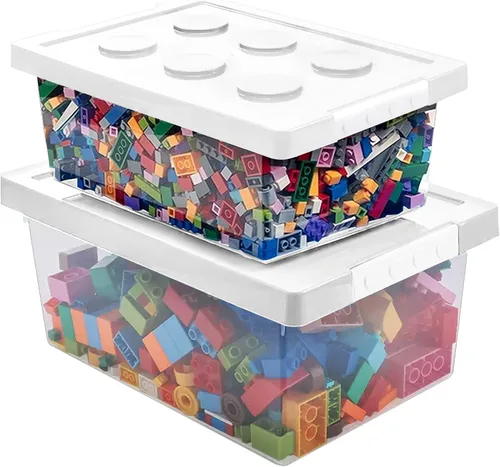 Miniatura 8 de Contenedores de almacenamiento de plástico con tapas, caja organizadora apilable de juguetes, juego de 2, cofres de juguetes con placa base y tapa