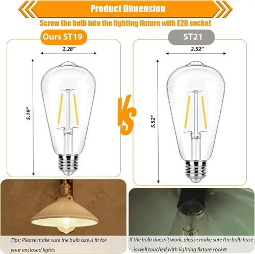 Miniatura 6 de Paquete de 12 bombillas LED Edison de 2W, bombillas de 25 vatios equivalentes, 2700K blanco cálido suave con base estándar E26, bombillas LED ST19
