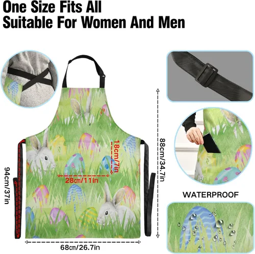 Miniatura 3 de Delantal con diseño de huevos de conejo de Pascua en acuarela para mujeres y hombres, delantal de cocina con cuello ajustable y bolsillos grandes
