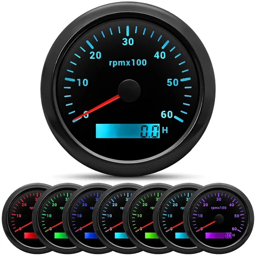 Miniatura 13 de ARTILAURA Tacómetro para Barco Tacometro 85mm 3-3/8" 6000 RPM Calibrador 7 Colores Impermeable para Marino Coche AUTO Camión 9-32V (Negro)