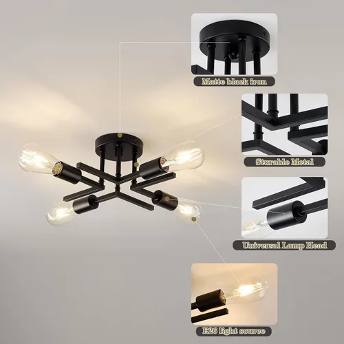 Miniatura 3 de Accesorio de Lámpara de Techo Industrial Semiempotrada de 4 Luces, Candelabro Sputnik Moderno de Metal Negro con Base de Bombilla E26, Luz Pegada al