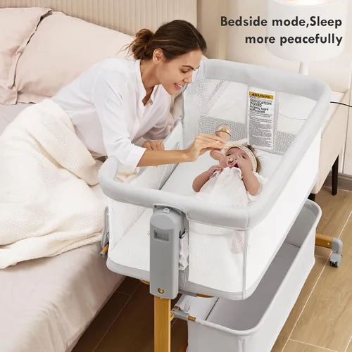 Miniatura 2 de Moisés para bebé, cuna mecedora 3 en 1 para bebé con altura ajustable de 6 niveles, 4 ruedas y paredes de malla transpirable, moisés portátil
