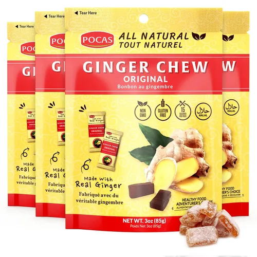Miniatura 7 de Pocas Lemon Ginger Chews - Masticables de jengibre dulce y picante, bocadillos bajos en calorías envueltos individualmente, caramelo de jengibre