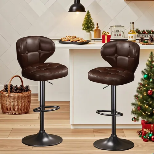 Juego de 2 taburetes de bar, taburetes de bar giratorios ajustables, moderna silla de bar tapizada de piel sintética con respaldo y reposapiés, para