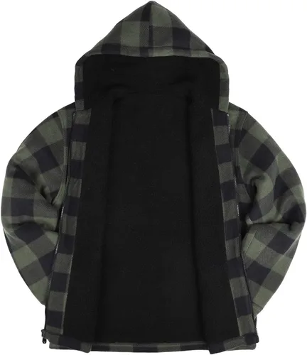 Miniatura 5 de Chaqueta de franela a cuadros para hombre, de felpa con capucha, de sherpa con zíper, pesada y gruesa, cálida para invierno.