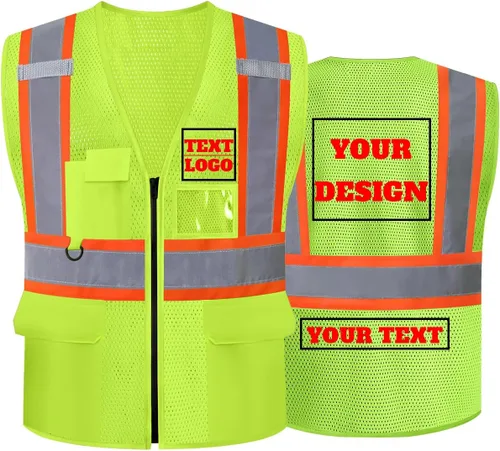 Miniatura 22 de Chaleco de seguridad reflectante de malla con logotipo personalizado Clase 2 con 5 bolsillos y cremallera Amarillo-5pack