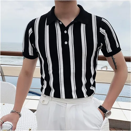 CZDYUF - Polos a rayas para hombre, de manga corta, de punto, de punto para negocios, social, casual, camisetas (color negro, tamaño código XL)