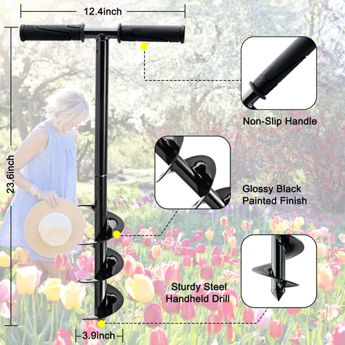 Miniatura 3 de Excavadora manual de agujeros para postes – Taladro de jardín de tierra de 24 x 4 pulgadas con guantes, mango antideslizante, broca en espiral