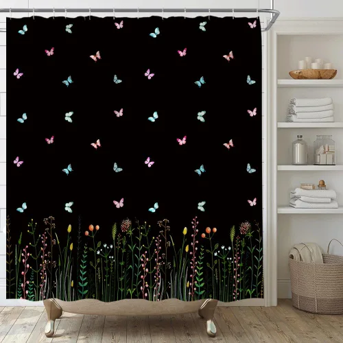 Miniatura 12 de Cortina de ducha de flores y mariposas, flores de flores, primavera, naturaleza, fantasía, jardín, tela para el hogar, juego de decoración de baño