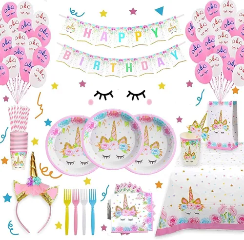 Suministros de fiesta de cumpleaños para niñas, incluyendo platos, tazas, pajitas, mantel para fiesta de cumpleaños rosa, sirve a 16 invitados