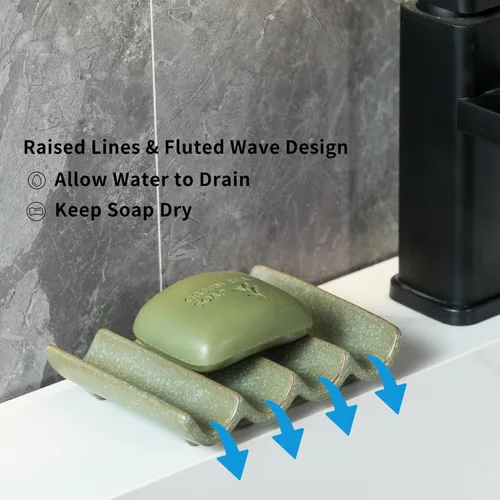 Miniatura 3 de Jabonera de cerámica drenante, diseño estriado, soporte para jabón de barra para ducha y baño, elevación de esponja ahorradora de jabón, color verde