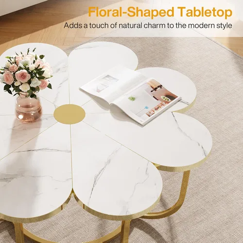 Miniatura 6 de Tribesigns Mesa de centro blanca y dorada, pieza central moderna de 39.37 pulgadas con mesa de mármol sintético en forma de flor y marco de metal
