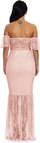 Miniatura 5 de ZIUMUDY Vestido de maternidad con hombros descubiertos y mangas de encaje con volantes estilo sirena para mujer, ideal para sesiones de fotos y baby