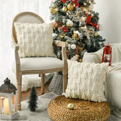 Miniatura 2 de AVOIN colorlife - Juego de 2 fundas de cojín de árbol de Navidad color beige, de 16 x 16 pulgadas, de felpa suave y pelo sintético, para sofá