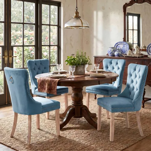 Miniatura 65 de SoarFlash Juego de 2 sillas de comedor de tela de lino, sillas de comedor tapizadas con ribete de cabeza de clavo y patas de madera de color claro