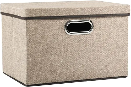 Miniatura 64 de PRANDOM Contenedor de almacenamiento plegable con tapa [1 unidad] Caja de almacenamiento decorativa de tela de lino, cesta organizadora con asas