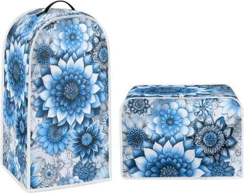 Miniatura 18 de Juego de cubiertas para electrodomésticos con textura de mármol blanco y azul lavables para cocina, cubierta para licuadora, protector contra