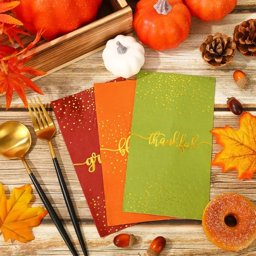 Miniatura 3 de Whaline 75 servilletas de papel desechables de papel dorado para invitados de Acción de Gracias, toallas de papel desechables de otoño para cosecha