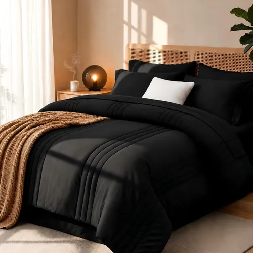 juego de edredón tamaño individual negro - Cama en una bolsa tamaño individual 5 piezas, juego de ropa de cama suave para todas las estaciones,