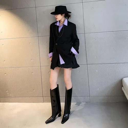 Miniatura 6 de Vertundy Botas altas hasta la rodilla para mujer, botas largas plegables, botas altas gruesas de pantorrilla ancha, botas altas con punta cuadrada