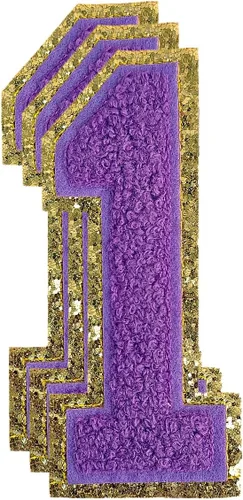 Miniatura 164 de 3 parches de números de chenilla negra, tamaño grande de 4-1/2" parches de números para planchar, parches universitarios para ropa, 8" Borde oro rosa