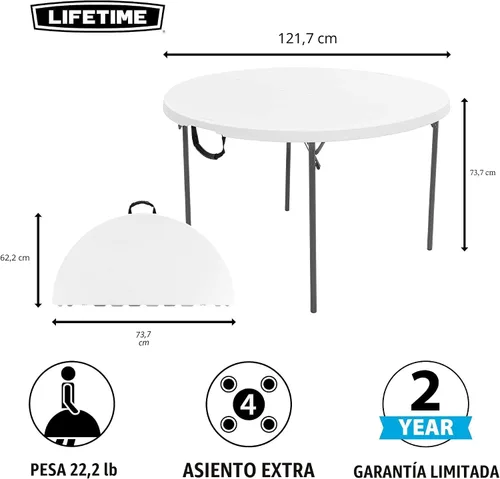 Miniatura 3 de Lifetime 280064 mesa redonda se dobla en dos, 4 pies, color blanco granito
