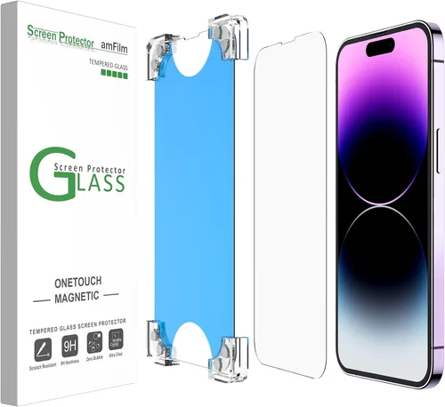 amFilm Paquete de 2 protectores de pantalla magnéticos OneTouch para iPhone 14 Pro de 6.1 pulgadas [plástico ecológico y reductor] [vidrio templado