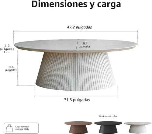 Miniatura 2 de win2win Mesa auxiliar ovalada, moderna mesa de centro de piedra sintética con diseño estriado, mesa central de travertino con base cónica, mesa