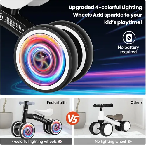 Miniatura 4 de Bicicleta de equilibrio para bebés de 1 año, niños y niñas, primera bicicleta para niños con 4 ruedas de iluminación colorida Bicicleta de 28-negro