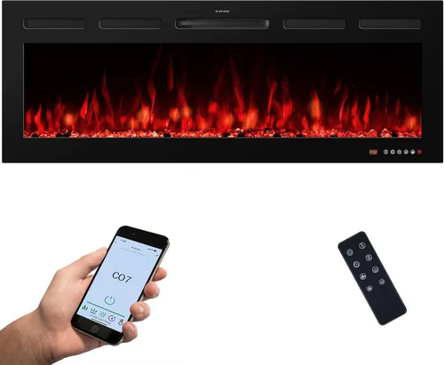 Inserto de chimenea eléctrica de 50 pulgadas empotrado y montado en la pared, pantalla grande delgada, llama de ciclo de 13 colores, aplicación y