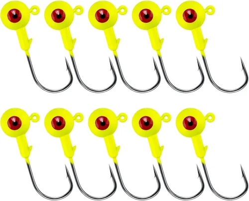 Alwonder Paquete de 10 cabezas redondas de pesca, ganchos de róbala de lubina, ojos 3D, acero de alto carbono, 1/8-1/2 onzas, cabeza de plantilla de