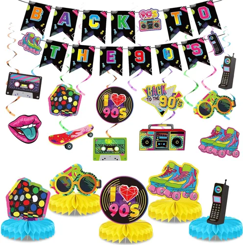 Miniatura 7 de Blosssound 27 piezas de decoraciones de fiesta de los años 80 y 90 años 1980 1990 Hip Hop Banner colgante remolinos techo decoración de panal