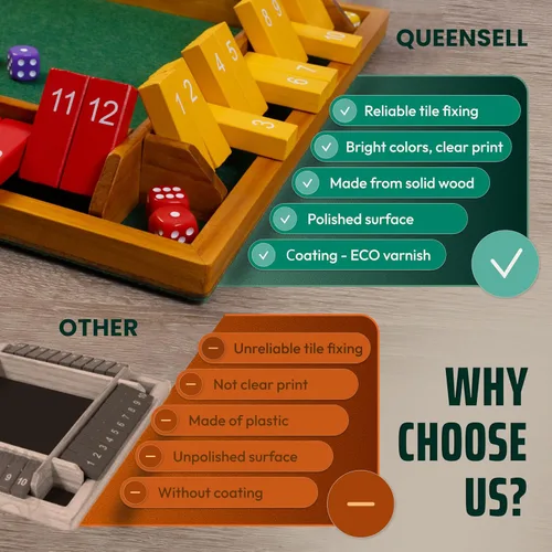 Miniatura 5 de Shut The Box Game Tablero de madera para 4 jugadores, juego de 14 pulgadas, 12 números para adultos y niños, ideal para noche