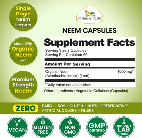 Miniatura 2 de Organic Veda Cápsulas de Neem, suplemento a base de hierbas sin OMG fabricado con hoja de neem orgánica pura para una piel sana y clara y el sistema