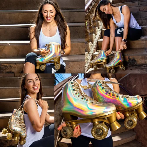 Miniatura 3 de JajaHoho Patines de ruedas para mujer, patines de cuero PU holográficos de alta calidad, patines de cuatro ruedas brillantes de doble fila