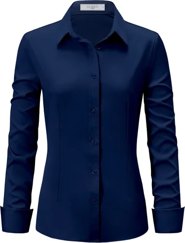 Miniatura 8 de Camisas de vestir para mujer, de manga larga, con botones, elástica, sin arrugas, color liso, casual, para el trabajo, oficina, blusa