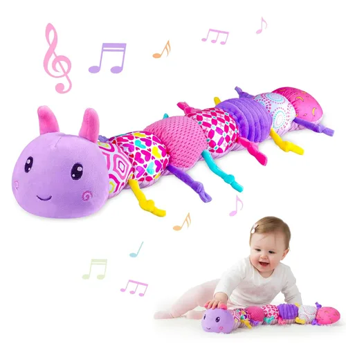 Peluche musical para bebé con arrugado multisensorial, sonajero y texturas, regalo de cumpleaños para niñas de 0, 3, 6, 9, 12 meses, oruga, morado