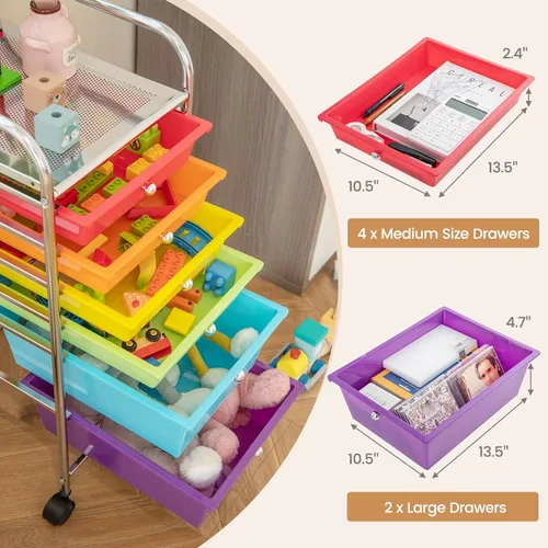 Miniatura 5 de RELAX4LIFE Carrito de Almacenamiento Rodante de 6 Cajones - Organización del Aula sobre Ruedas con Cajones de Plástico Extraíbles, Carrito de Arte
