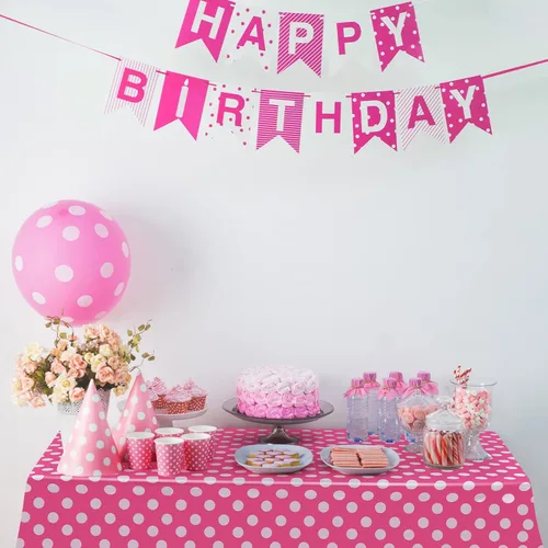 Miniatura 4 de Tegeme Mantel rectangular de plástico con diseño de lunares, color rosa y blanco, 3 piezas, 54 x 108 pulgadas, para decoración de cumpleaños